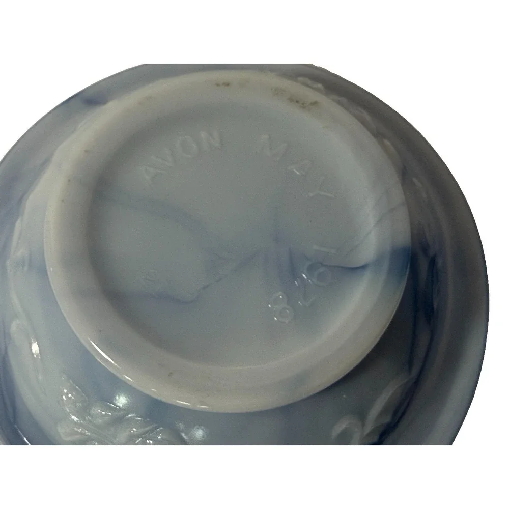Avon Victoriana Blue Slag Glass Pitcher and Soap Dish 1978 Embossed Rose Design